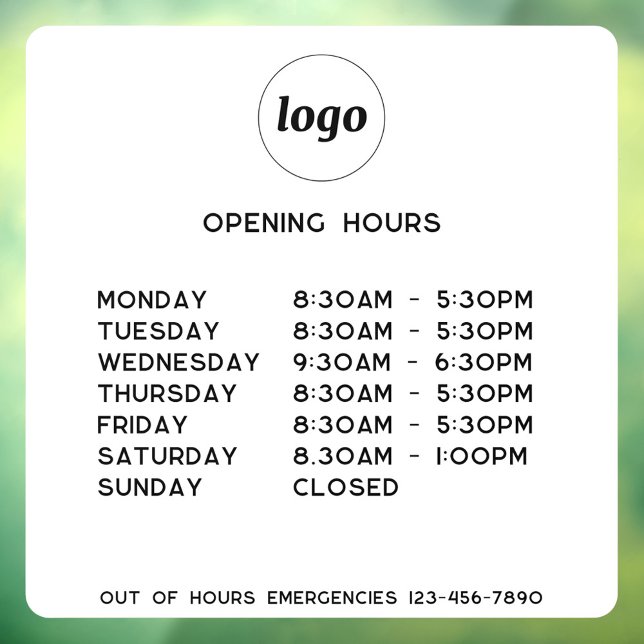 Autocollant Pour Fenêtre Logo simple et heures d'ouverture de l'entreprise (Simple logo with custom text business branding promotional opening hours window cling)