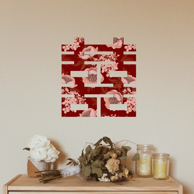 Autocollant Pour Fenêtre Mariage chinois Double Fleur Rouge Xi (Red Flower Double Xi Chinese Wedding Window Cling)