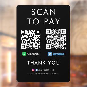 Autocollant Pour Fenêtre Merci Cash App Venmo Scan to Pay QR Code noir