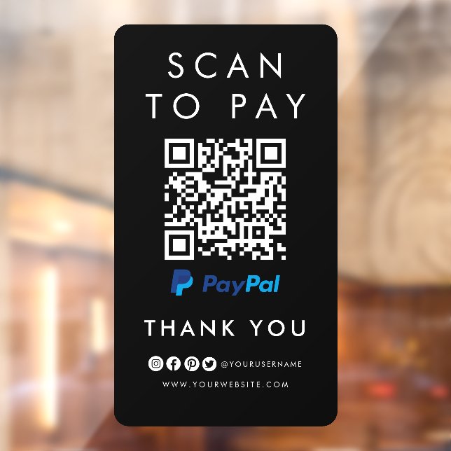 Autocollant Pour Fenêtre Merci Paypal Scan pour payer QR Code moderne Noir (Feuille 2)