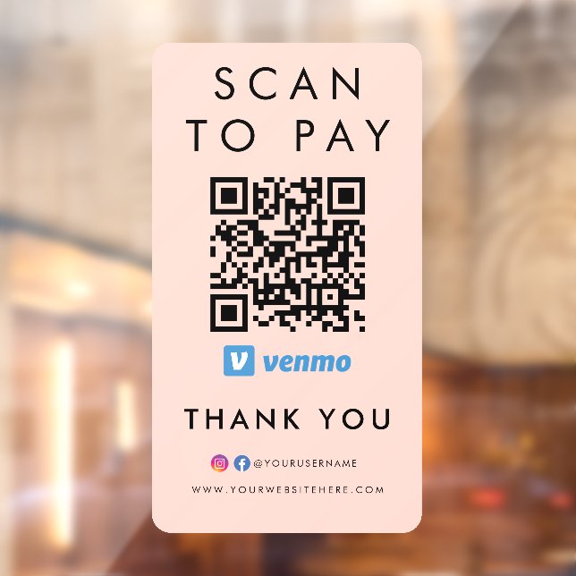 Autocollant Pour Fenêtre Merci Venmo Scan pour payer QR Code Blush rose (Feuille 2)