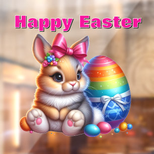 Autocollant Pour Fenêtre Mignonne lapin avec cabot et oeufs colorés de Pâqu