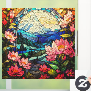 Autocollant Pour Fenêtre Montagnes et Rhododendrons roses Faux Vitrail