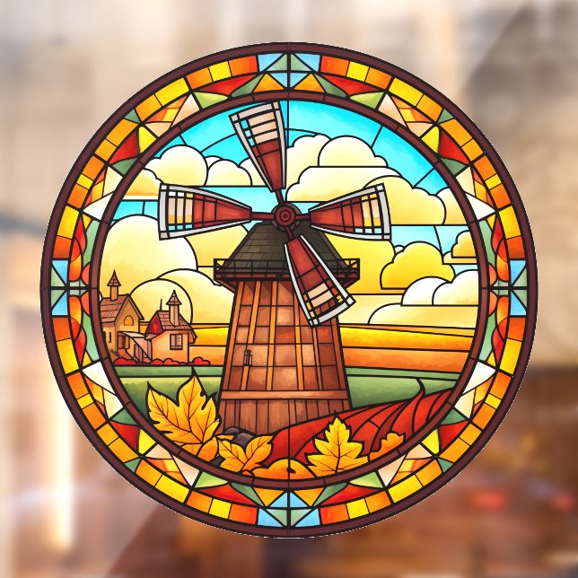 Autocollant Pour Fenêtre Moulin Néerlandais Avec Village Faux Vitrail (Feuille 2)