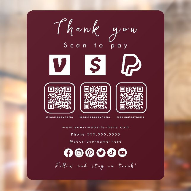 Autocollant Pour Fenêtre Multi QR Code Paypal Venmo Cash App Bourgogne (Feuille 2)