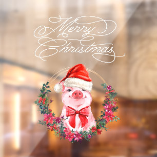 Autocollant Pour Fenêtre Noël Cochon mignon Fun Blanc Rouge Joyeux Noël
