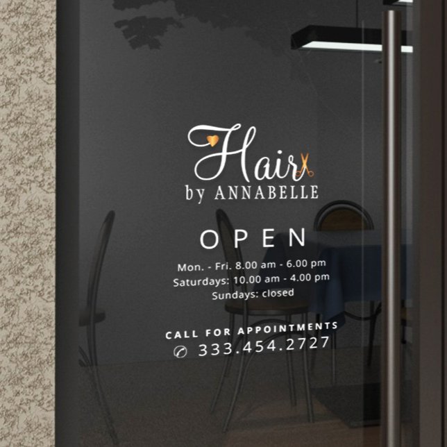 Autocollant Pour Fenêtre Nom du salon de coiffure heure d'ouverture (Créateur téléchargé)