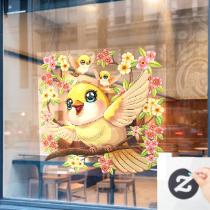 Autocollant Pour Fenêtre Oiseaux mignons et heureux parmi les fleurs du pri