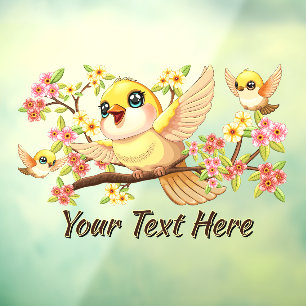 Autocollant Pour Fenêtre Oiseaux mignons et heureux parmi les fleurs du pri