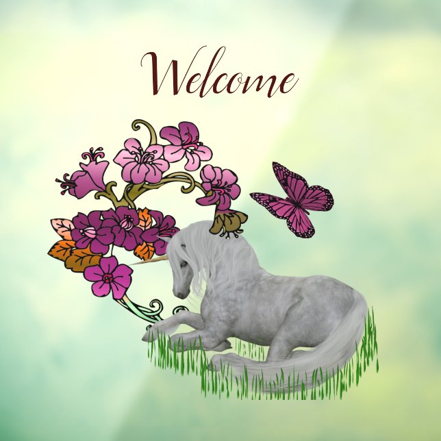 Autocollant Pour Fenêtre Papillons Unicorne Et Fleurs Bienvenue (Feuille 3)