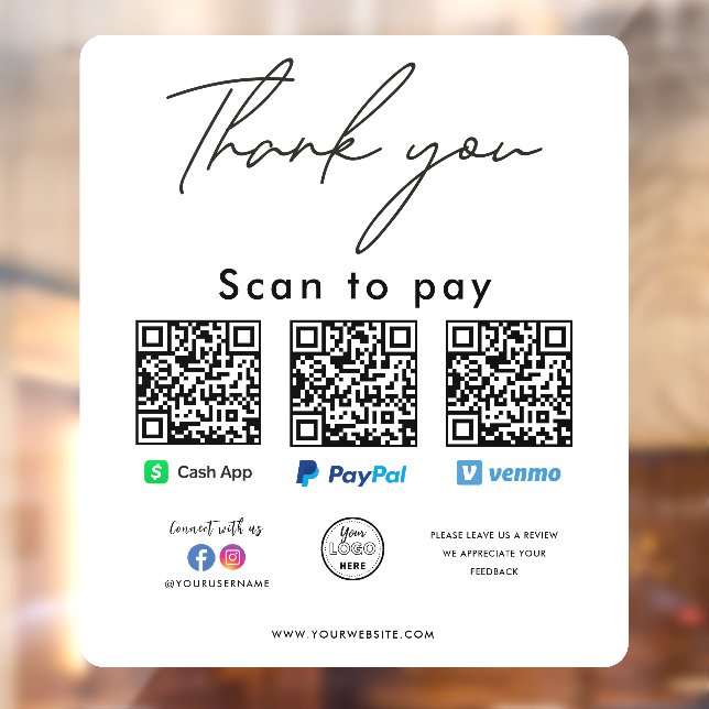 Autocollant Pour Fenêtre Paypal Cash App Venmo QR Code Logo Merci (Feuille 2)