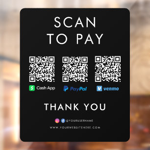 Autocollant Pour Fenêtre Paypal Venmo Cash App Scan pour payer QR Code noir