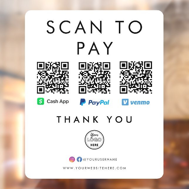 Autocollant Pour Fenêtre Paypal Venmo Cash App Scan to Pay QR Code Logo (Feuille 2)