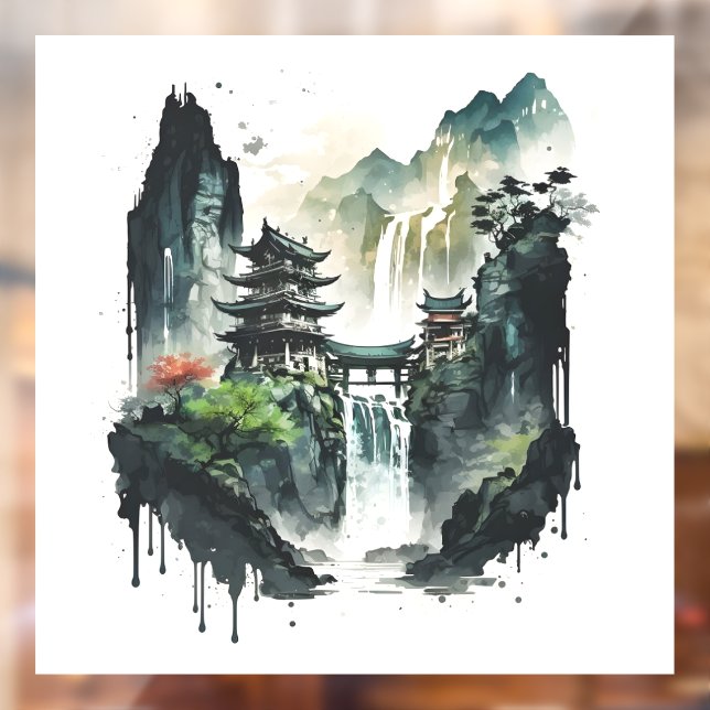 Autocollant Pour Fenêtre Paysage antique de l'encre chinoise avec cascade (Feuille 2)