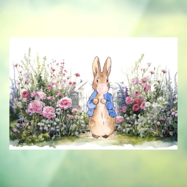 Autocollant Pour Fenêtre Pierre le lapin gomme rose dans son jardin (Feuille 3)