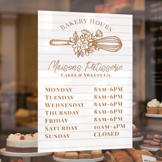 Autocollant Pour Fenêtre Pink Stripe Floral Whisk Bakery Shop Store Hours (Pink Stripe Floral Whisk Bakery Shop Store Hours Window Cling)