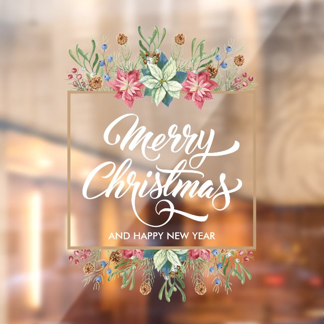 Autocollant Pour Fenêtre Pins de verdure Poinsettias Joyeux Noël (Feuille 2)