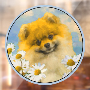 Autocollant Pour Fenêtre Poméranien dans Daisies Peinture - Art Chien origi