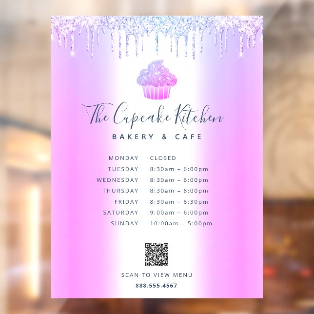 Autocollant Pour Fenêtre Purple QR Code Menu Heures Cupcake Boulangerie Par (Feuille 2)