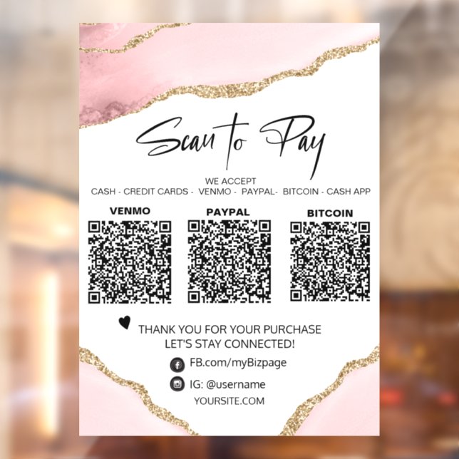 Autocollant Pour Fenêtre *~* QR 3 PAIEMENT Table Tente PINK AGATE (Feuille 2)
