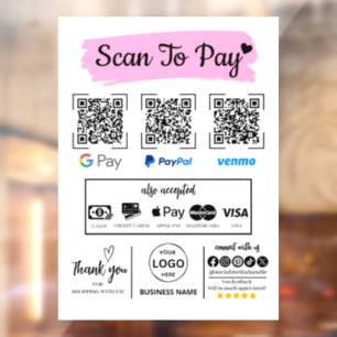 Autocollant Pour Fenêtre QR Code Scan pour payer Venmo Paypal Google Pay