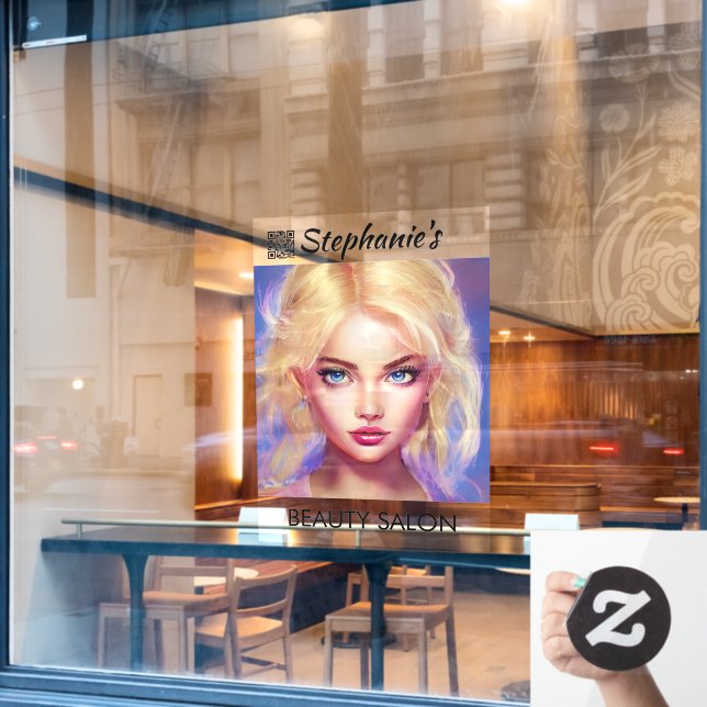 Autocollant Pour Fenêtre Salon de beauté de fille blonde belle avec code QR (Fenêtre de café)