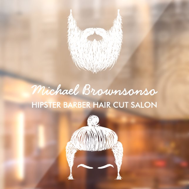 Autocollant Pour Fenêtre Salon de coiffure hipster barbe moustache blanc (Feuille 2)