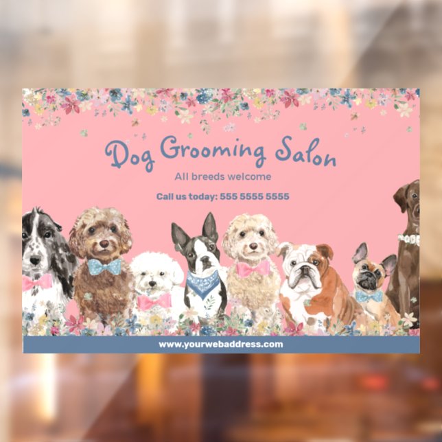 Autocollant Pour Fenêtre Salon Floral Rose Chien Grooming (Feuille 2)