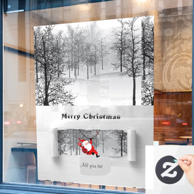 Autocollant Pour Fenêtre Santa Claus et Pins avec illustration de neige (Fenêtre de café)