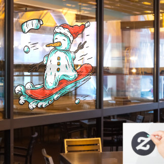 Autocollant Pour Fenêtre Ski Lodge Santa Winter Snowman On Snowboard Decor