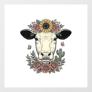 Autocollant Pour Fenêtre Tête de vache florale dessin vintage gravure Desig