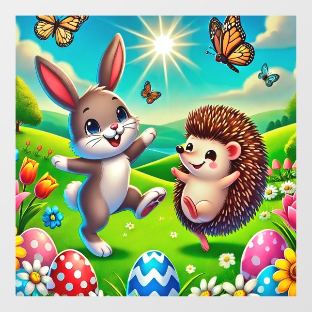 Autocollant Pour Fenêtre Un lapin et un hérisson heureux (Feuille)