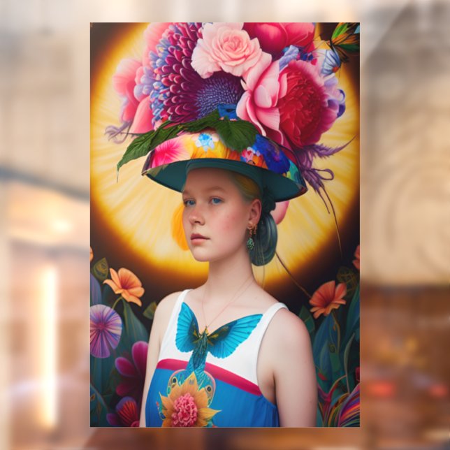 Autocollant Pour Fenêtre Une dame avec un casquette solaire à fleurs (Feuille 2)