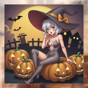 Autocollant Pour Fenêtre Une sorcière d'Halloween aux yeux verts sur Jack-O