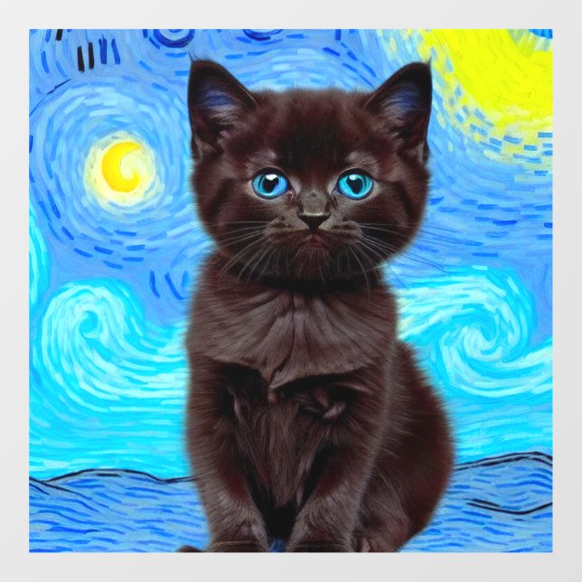 Autocollant Pour Fenêtre Van Gogh Starry Night Black Cat (Feuille)