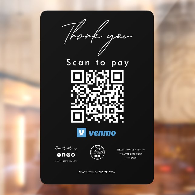 Autocollant Pour Fenêtre Venmo QR Code Logo Scan to Pay Merci Black (Feuille 2)