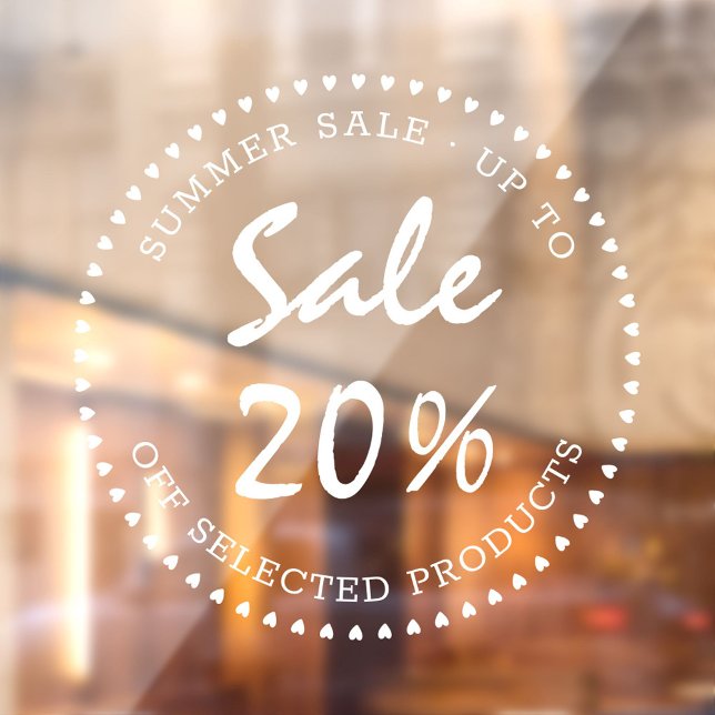 Autocollant Pour Fenêtre Vente de script moderne Magasin rond blanc affaire (Modern round retail sale with hearts white shop window decals or windowclings.)