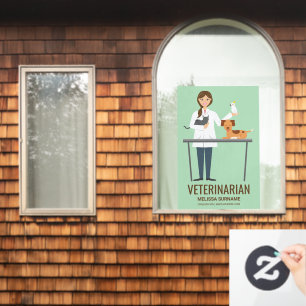 Autocollant Pour Fenêtre Vétérinaire Femme & Animaux Sur Vert & Texte