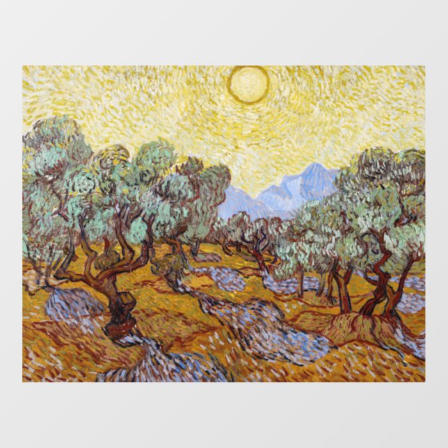 Autocollant Pour Fenêtre Vincent van Gogh - Oliviers, Ciel Jaune et Soleil (Feuille)
