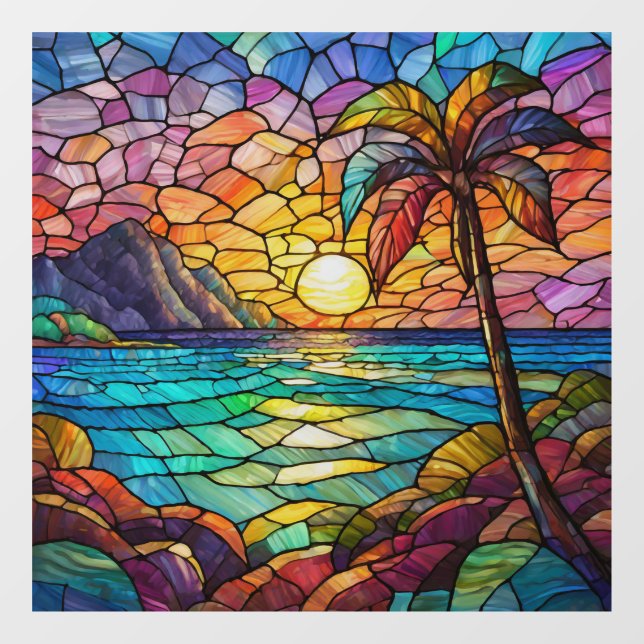 Autocollant Pour Fenêtre vitrail tropical de plage rocheuse (Feuille)