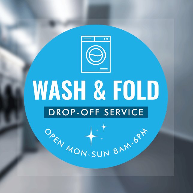 Autocollant Pour Fenêtre Wash and Fold Service Laundry Dry Cleaners Blue (Modern blue and white Wash & Fold marketing window cling sign)
