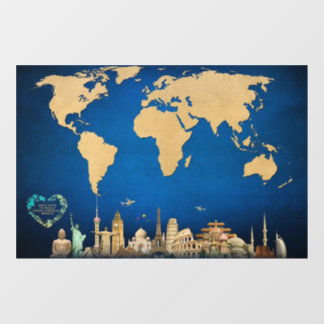 Autocollant Pour Fenêtre World Map Blue Wall Art avec devis