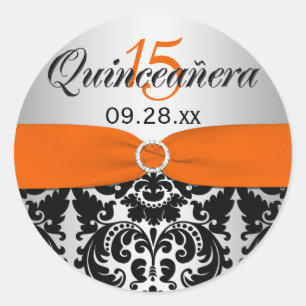 Autocollant Quinceanera à damas noir orange, argen