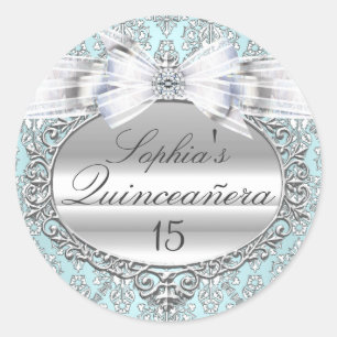 Autocollant Quinceanera Bleu & Argent Bow