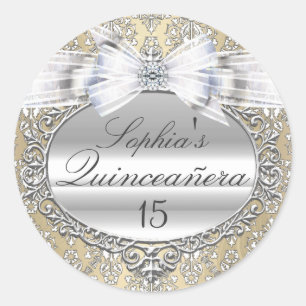 Autocollant Quinceañera Crème et Ruban Argenté