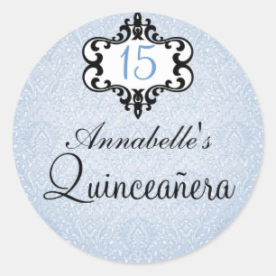 Autocollant Quinceañera Damassé Bleu & Noir Chic