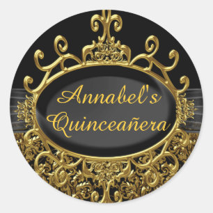 Autocollant Quinceanera Damassé Or et Noir Élégant
