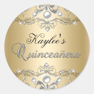 Autocollant Quinceanera damassé perle argent et or