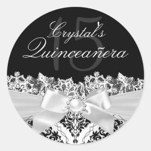 Autocollant Quinceanera élégant damas argenté et n
