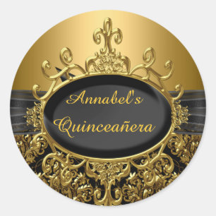Autocollant Quinceanera élégant noir et or damassé